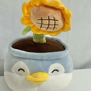 Miniso Blue and White Penguin pot w/Yellow Sunflowers Stuffed Plush Animal Toy